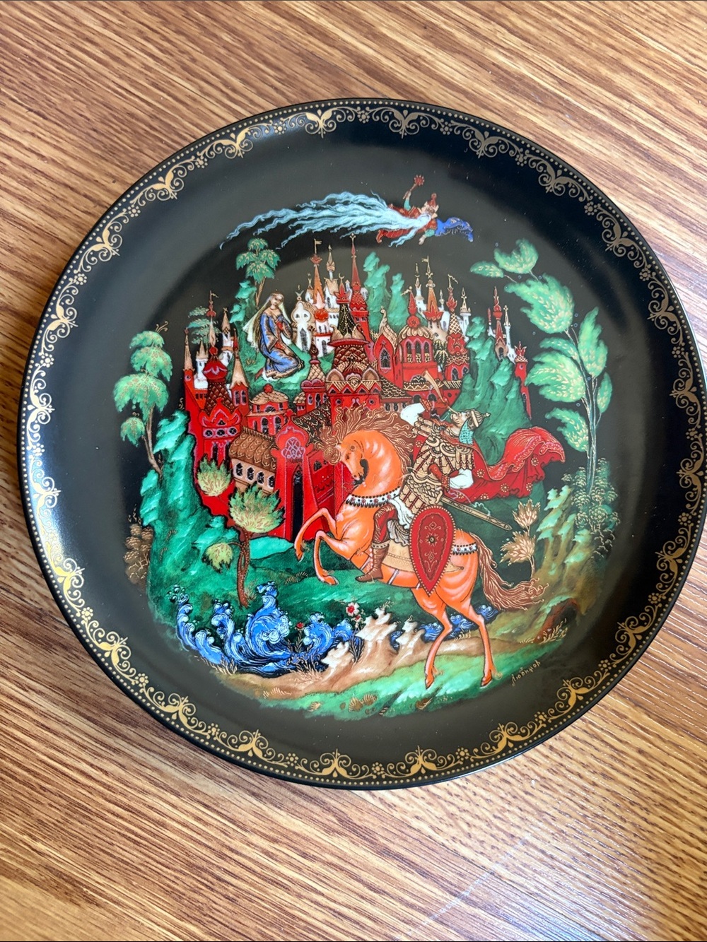 Russian Legends Decorative Black Lacquer Plate with Red & Green